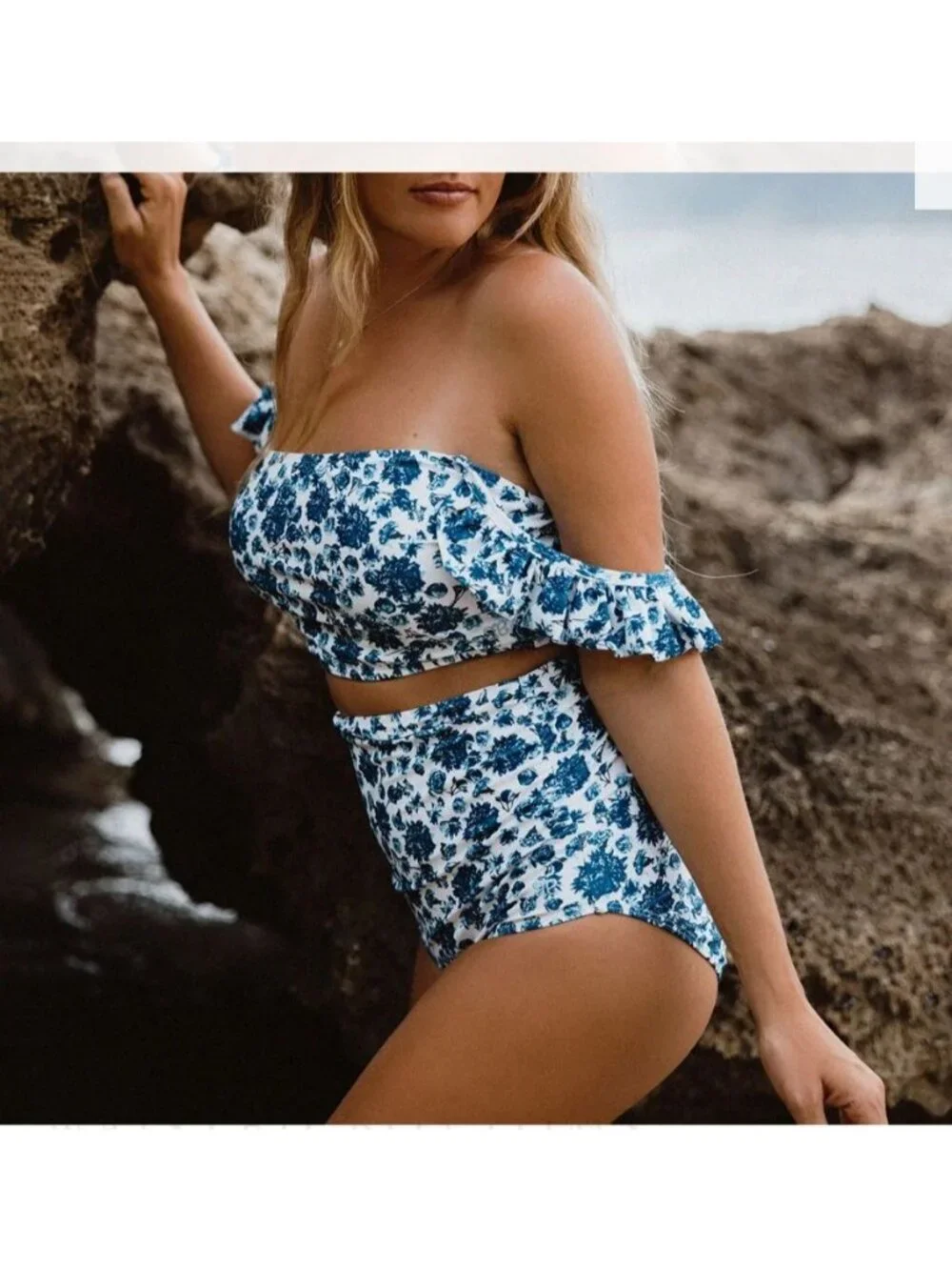 Albion Santorini Tankini Set Blue Floral Ruffle Strap NWT Large Modest Swimsuit